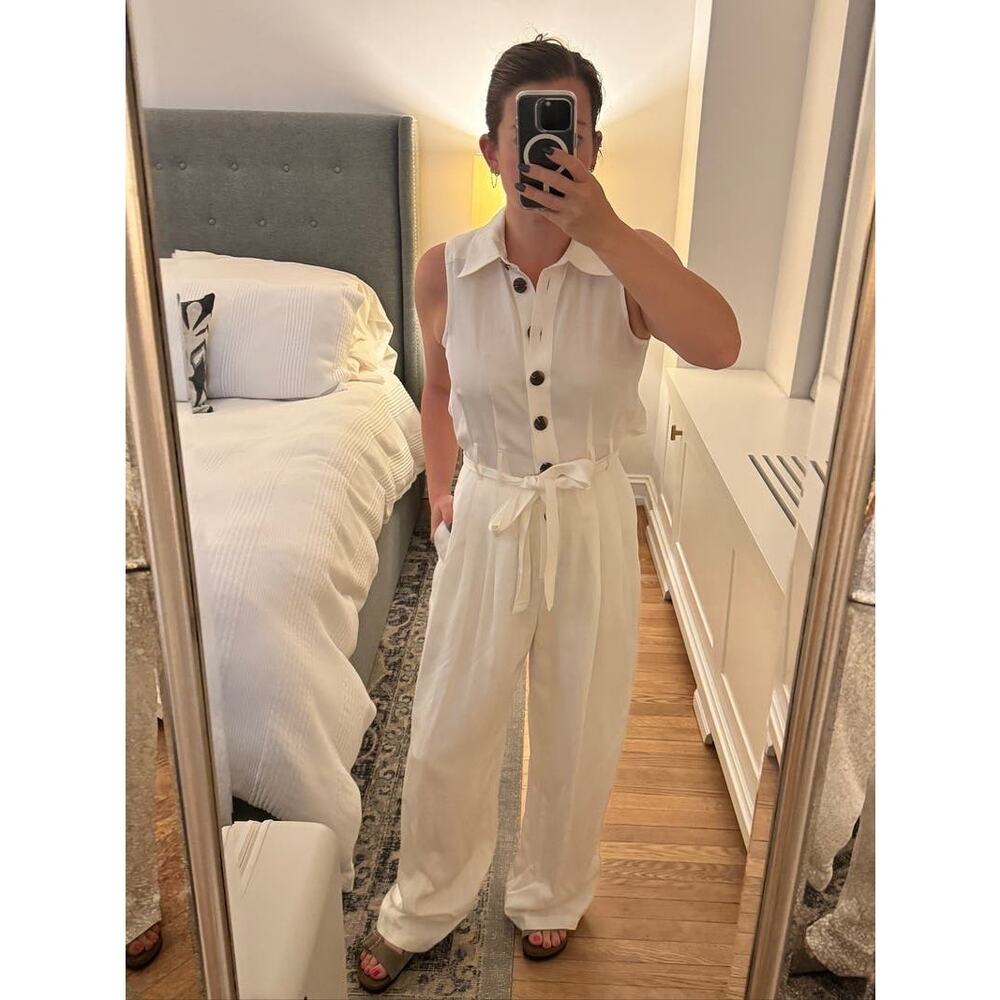REISS Women's White Collared Front Button Belted Wide Leg Jumpsuit Size US 2 - Picture 14 of 14